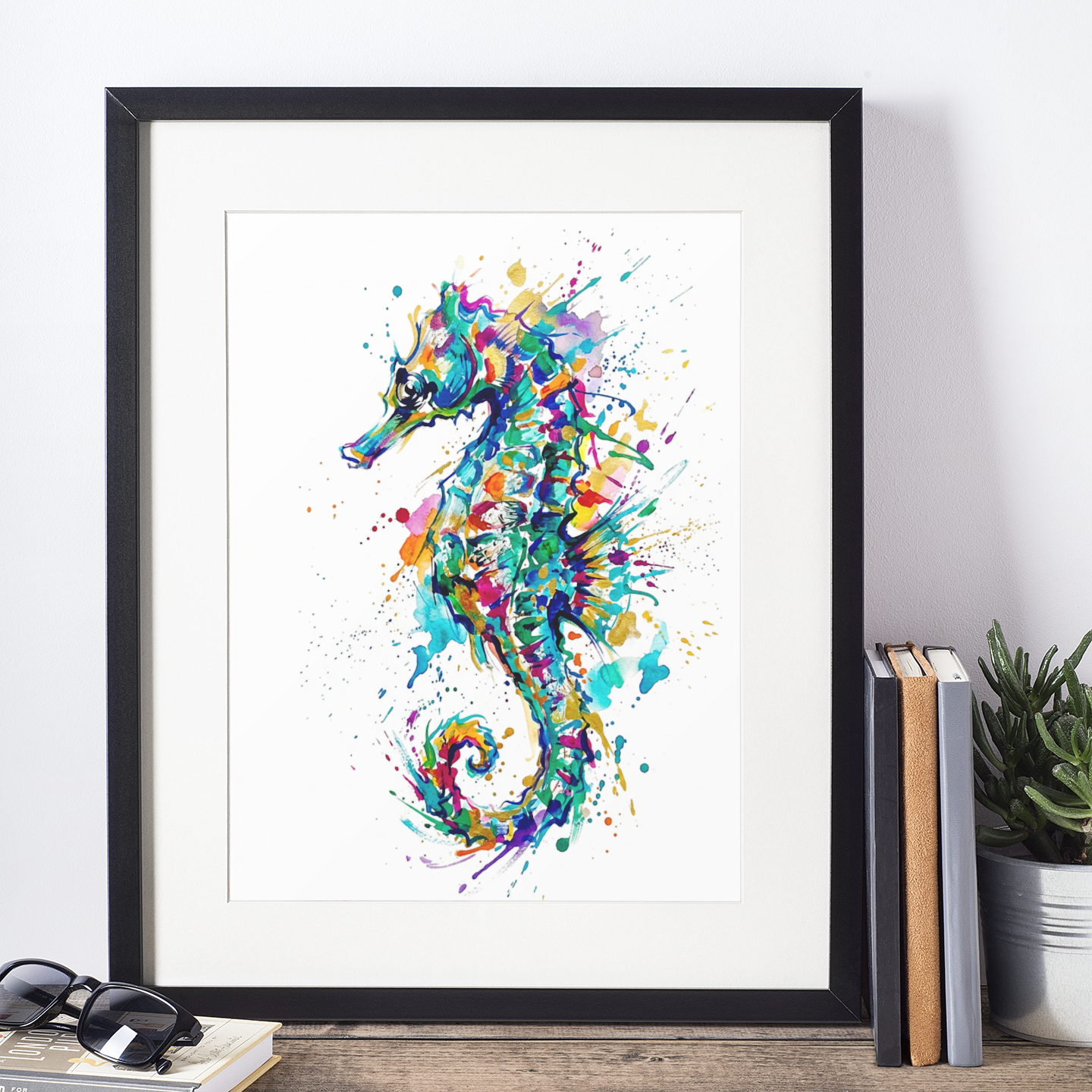 Expressive Coloursplash Seahorse Print – Contemporary Coastal Wall Art