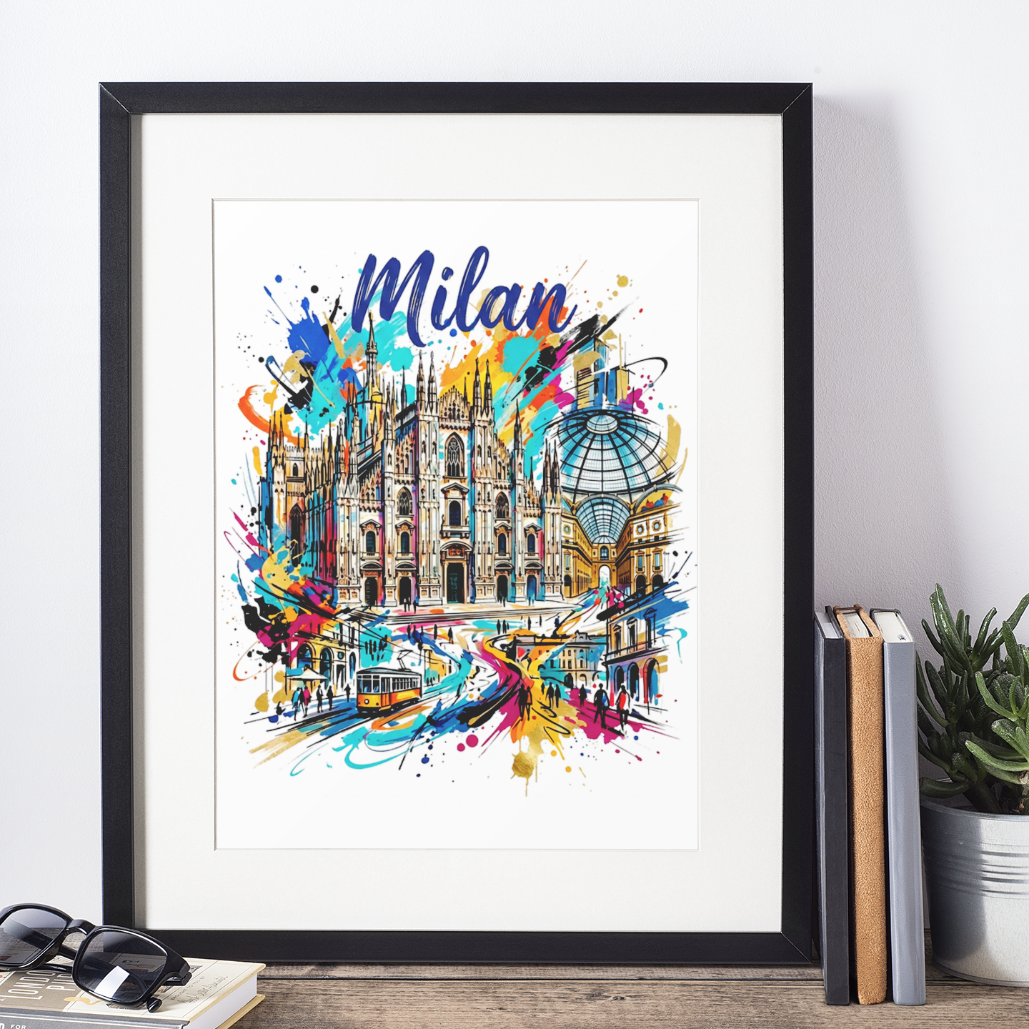 Black-framed Milan cityscape art print featuring Duomo cathedral with colorful paint splashes