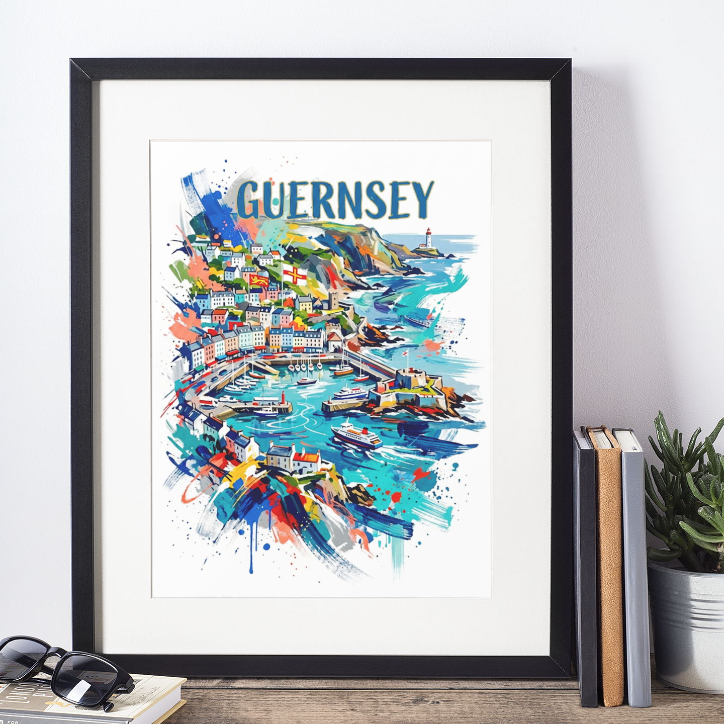 Guernsey Coloursplash Art Print — Modern Coastal Travel Poster