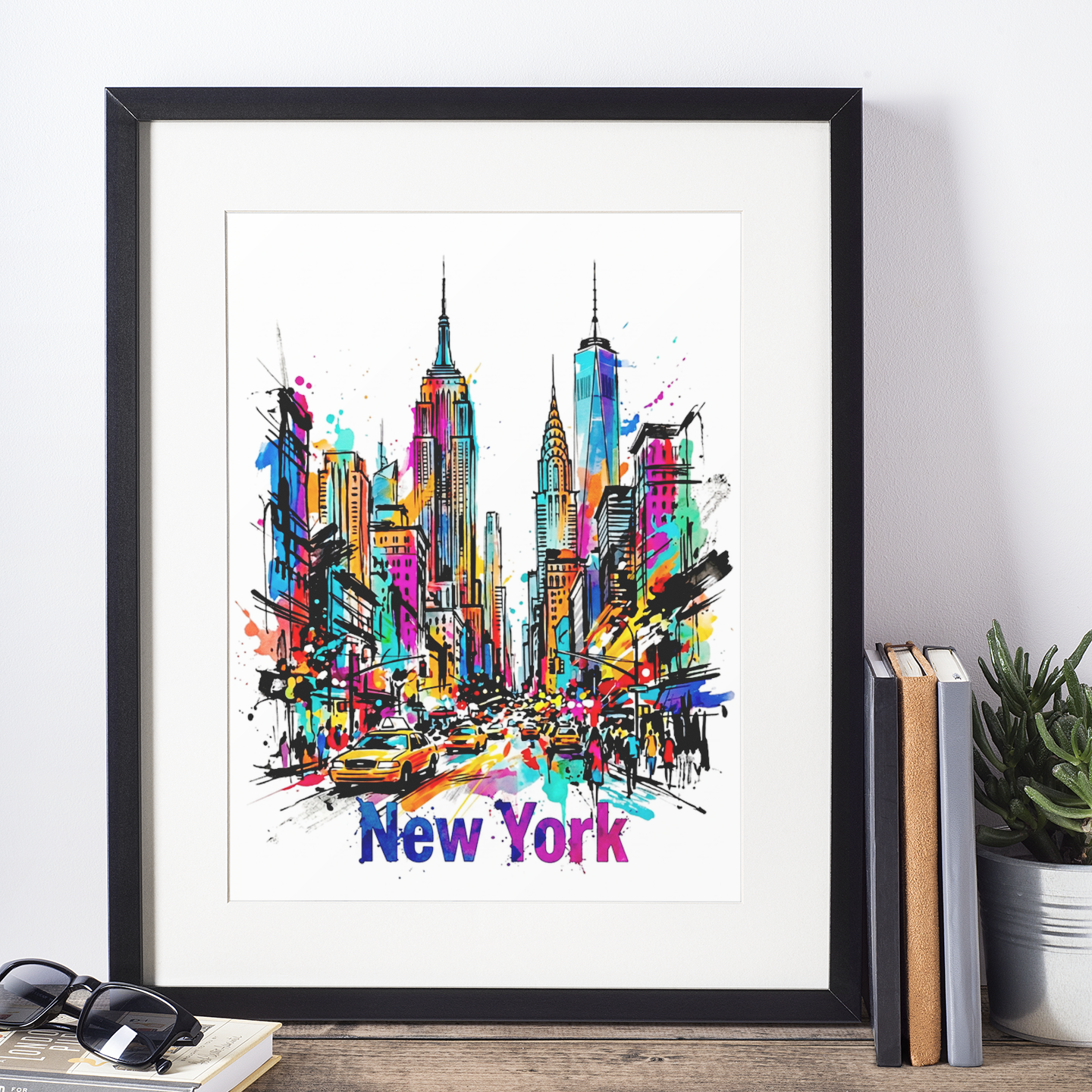 Framed abstract New York skyline art print in a black frame with taxis and splashes