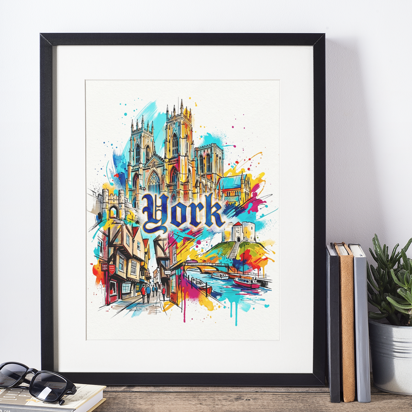 Framed York street and cathedral art print, black frame, watercolor splatter