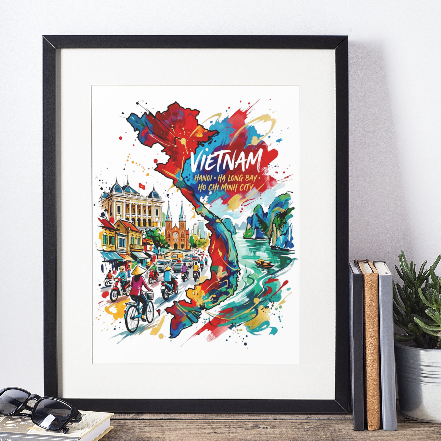 Framed Vietnam art print in black frame, colorful city and river scene with scooters.