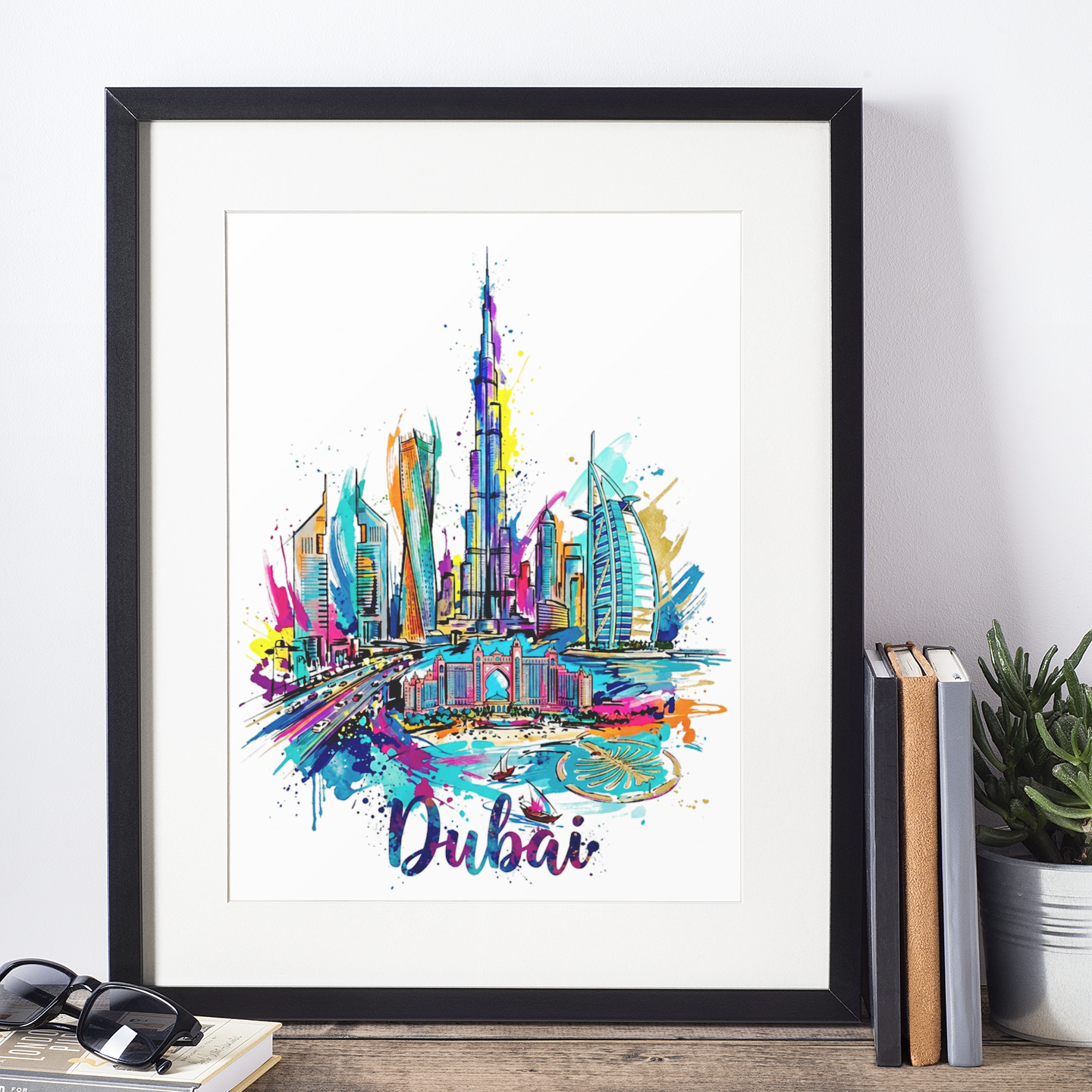 Framed Dubai skyline art print with colorful splash landmarks, black frame