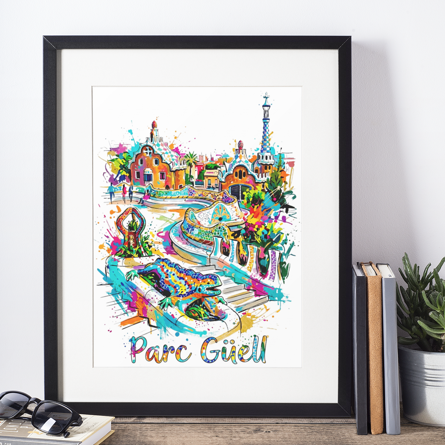 Framed Parc Güell art print with colorful mosaic-style illustration