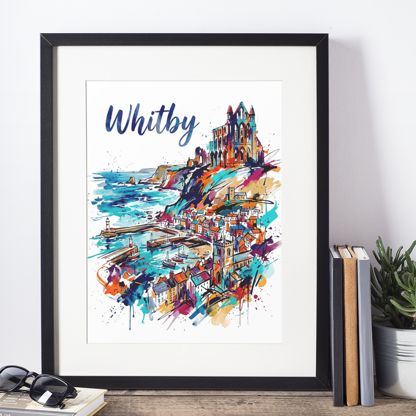 Framed coastal town art print with boats, harbor water, and colorful paint-splash church