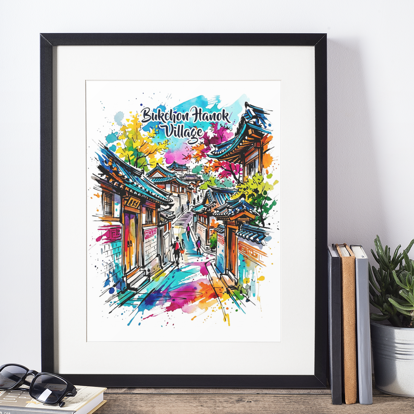 Bukchon Hanok Village Coloursplash Art Print — Modern Korean Travel Poster