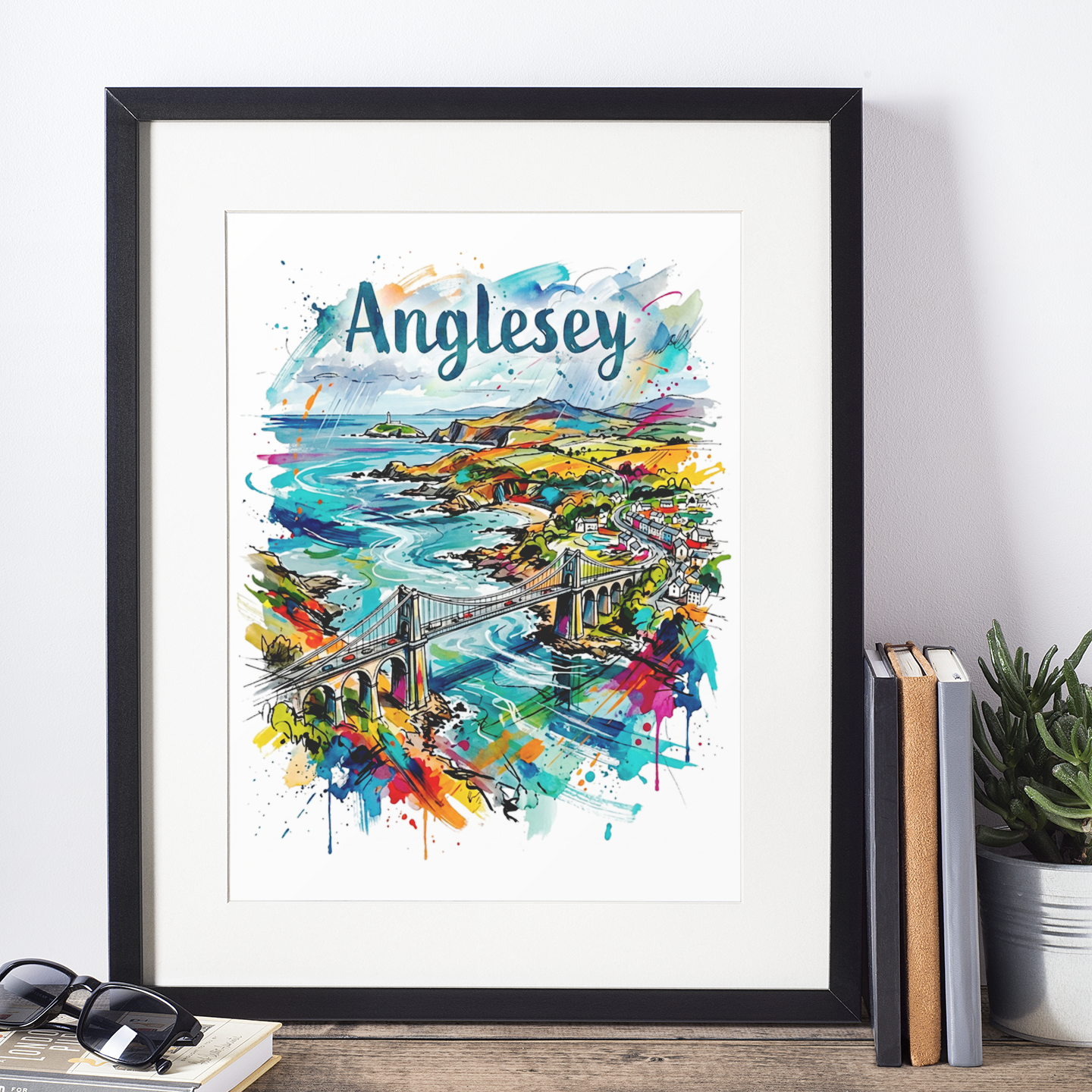 Framed coastal landscape art print with colorful bridge, turquoise water, and paint splashes