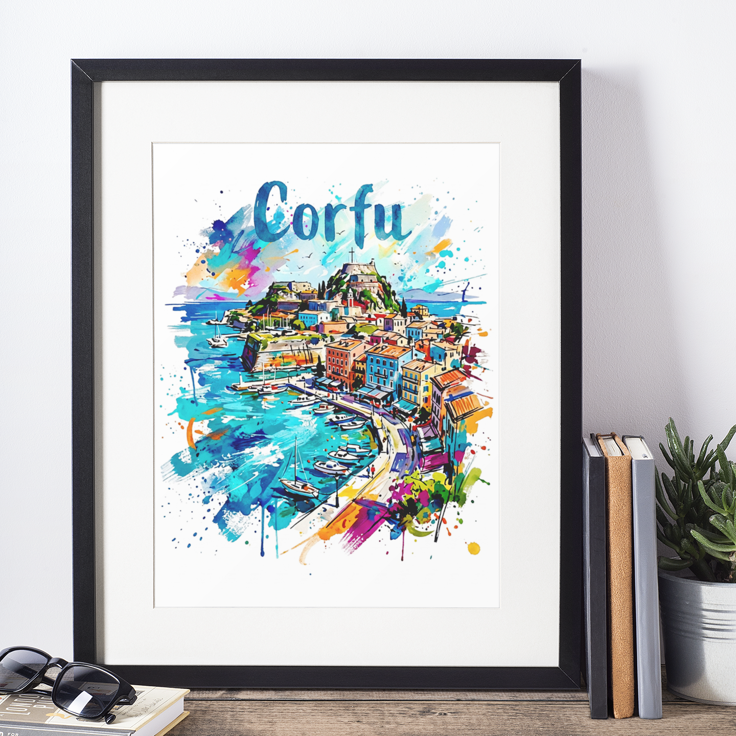 Black-framed Corfu coastal art print with marina boats and vibrant watercolor town scene