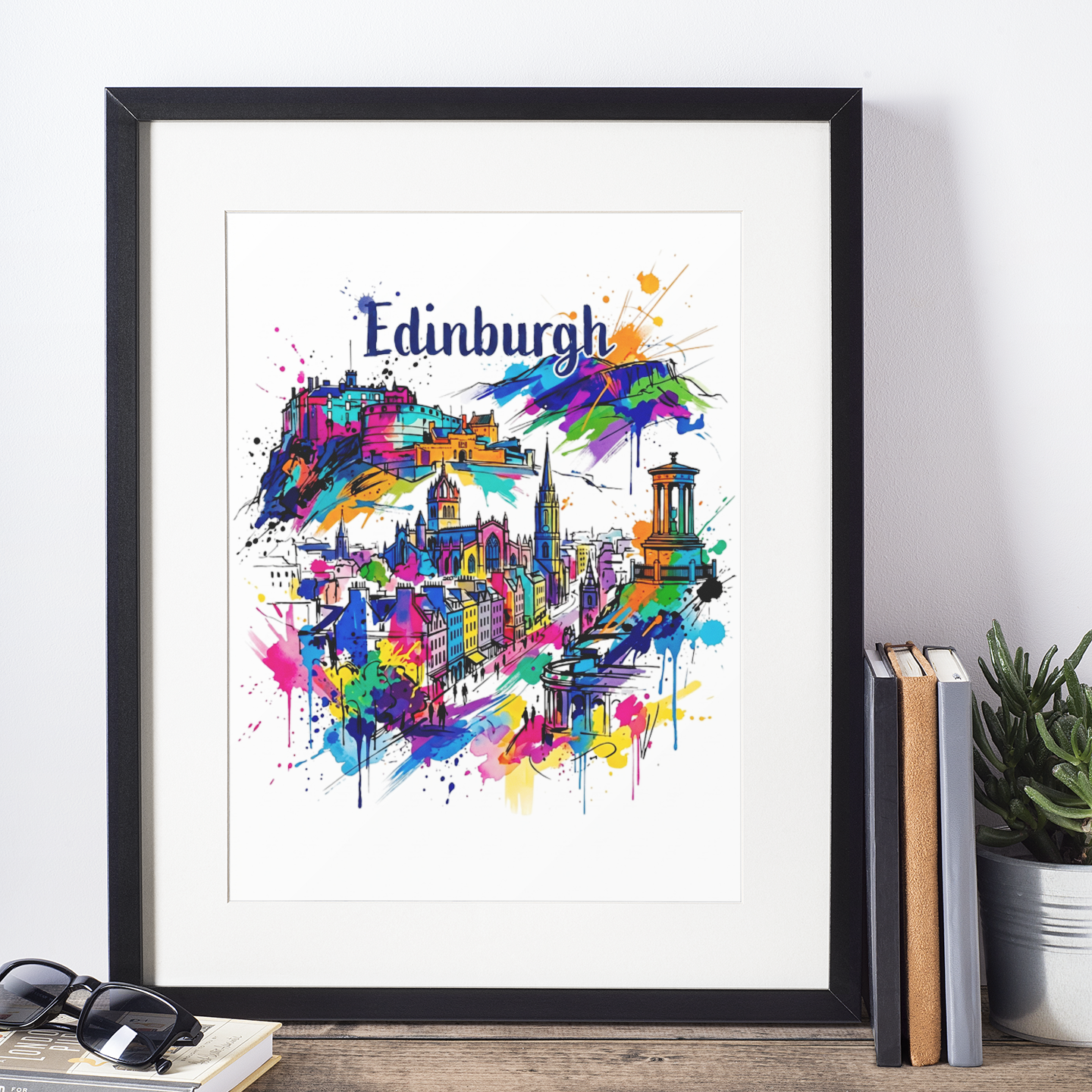 Framed Edinburgh cityscape art print with vibrant watercolor splashes and 'Edinburgh' text