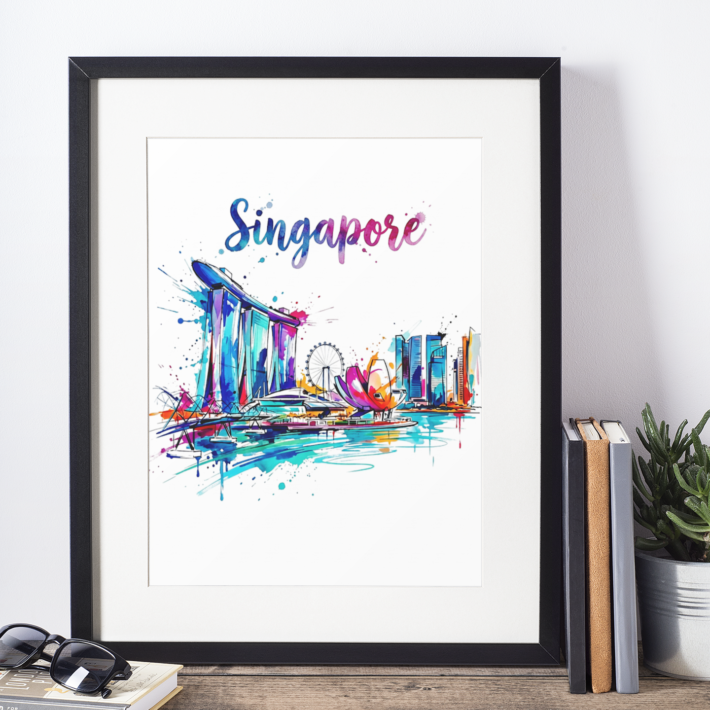 Framed Singapore skyline art print with black frame, bright harbor buildings and splash details