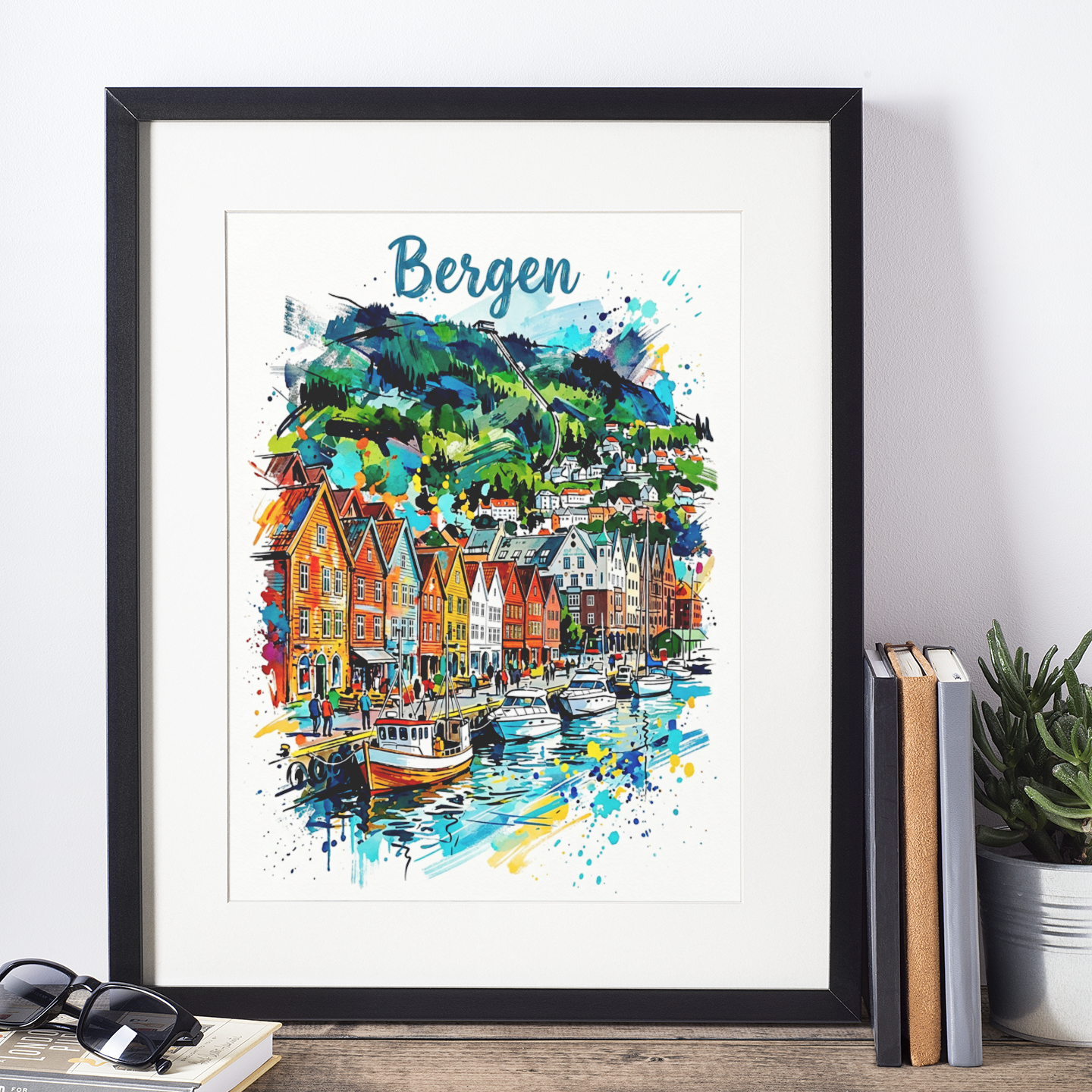 Framed Bergen harbor art print with colorful wooden houses and boats, on white paper