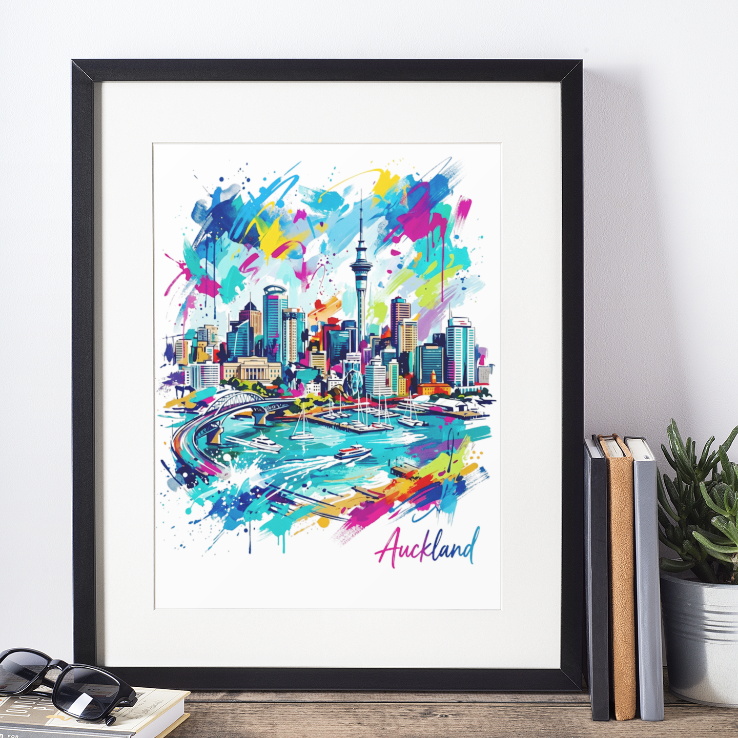 Black-framed Auckland cityscape art print with bright paint splashes and harbor skyline