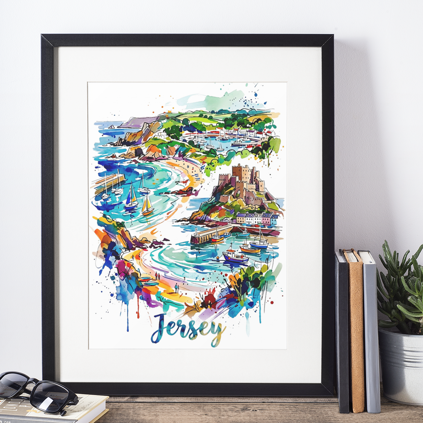 Framed watercolor coastal harbor and castle illustration print, black frame.