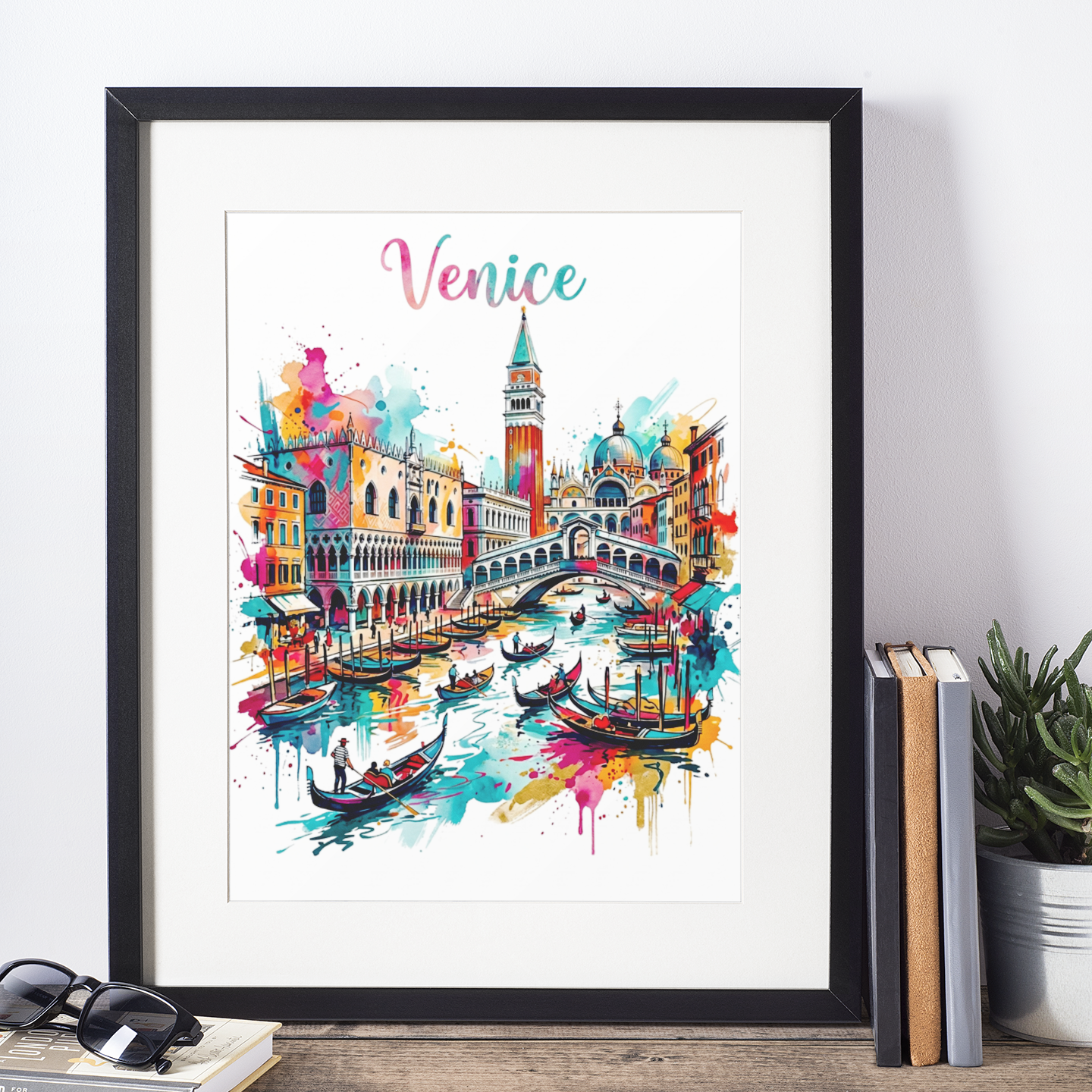 Framed Venice canal art print with gondolas and landmark buildings, black frame and white mat