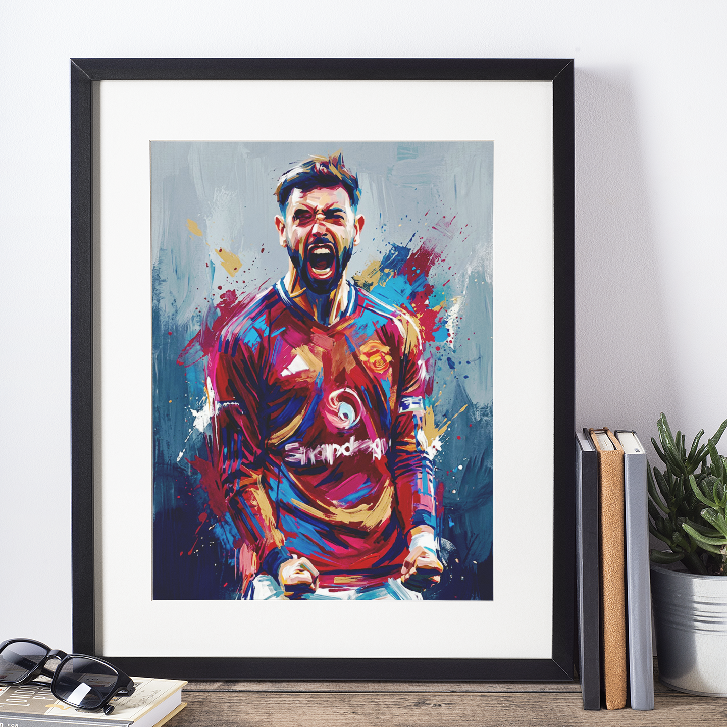 Expressive Red & Black Football Celebration Art Print – Dynamic Midfielder Abstract Artwork