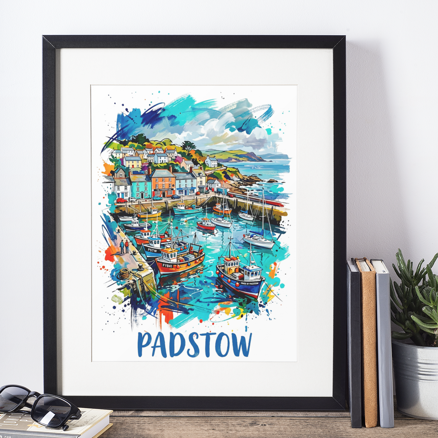 Framed Padstow travel print wall art in black frame, harbor boats and colorful town