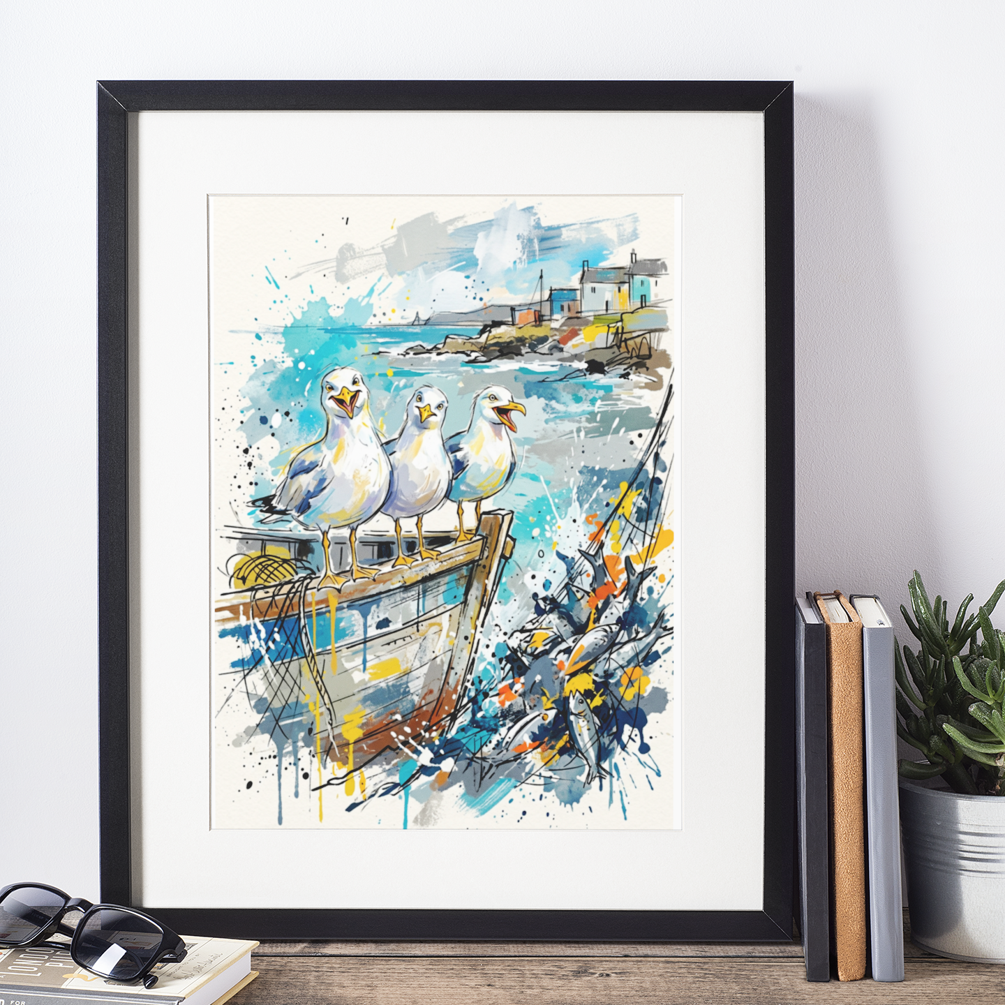 Expressive Coloursplash Seagulls & Coastal Fishing Boat Print – Contemporary Coastal Wall Art