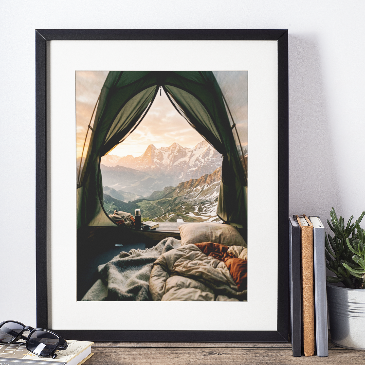 Mountain Tent View – Cozy Sunrise Adventure Print