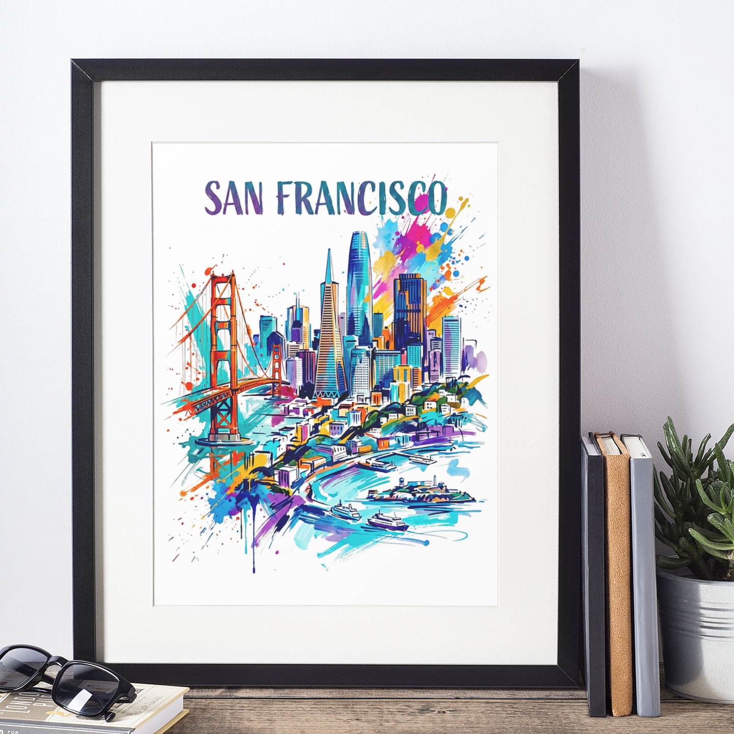 Framed San Francisco skyline art print, Golden Gate bridge illustration in bright splashes