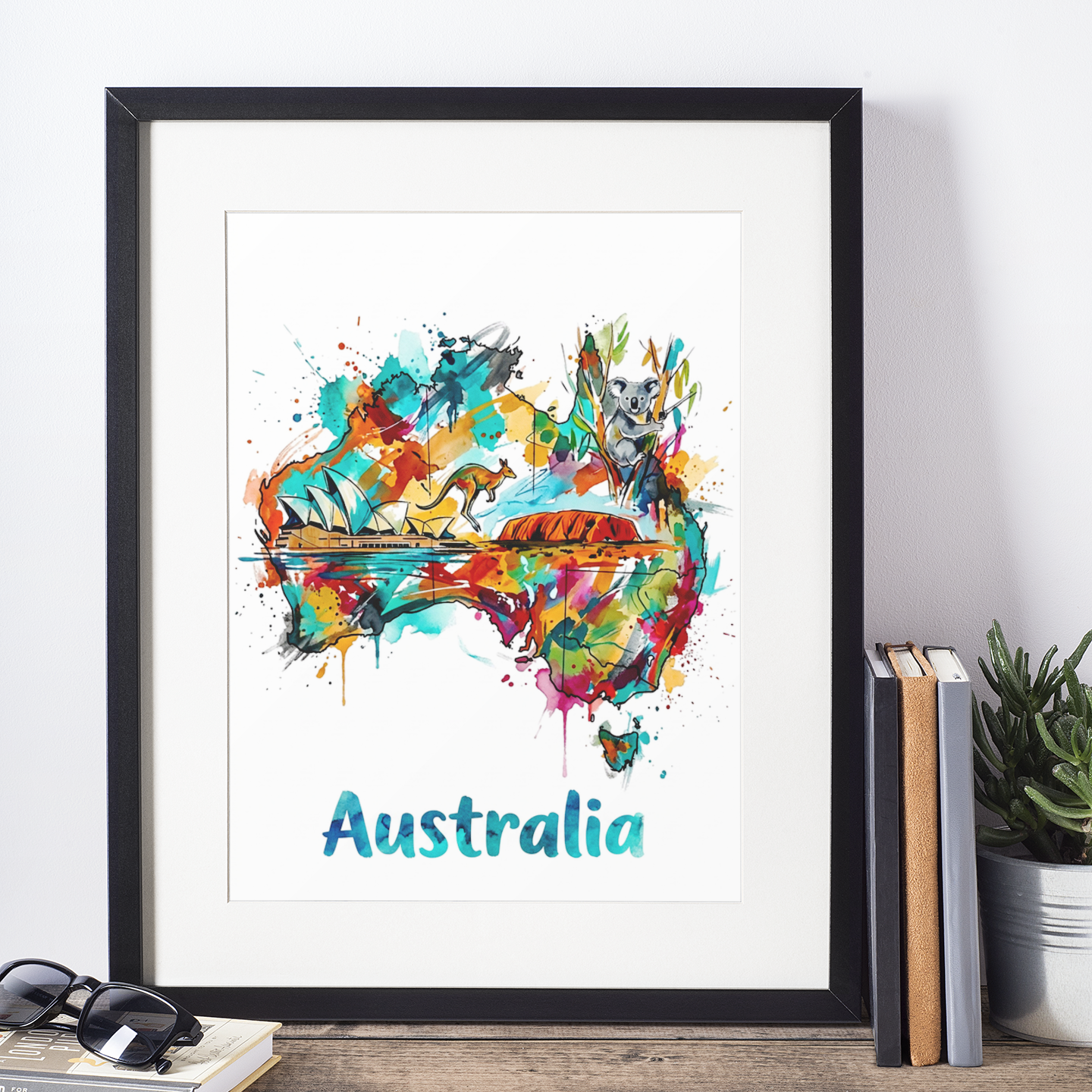 Framed Australia art print with colorful wildlife map splashes and 'Australia' lettering