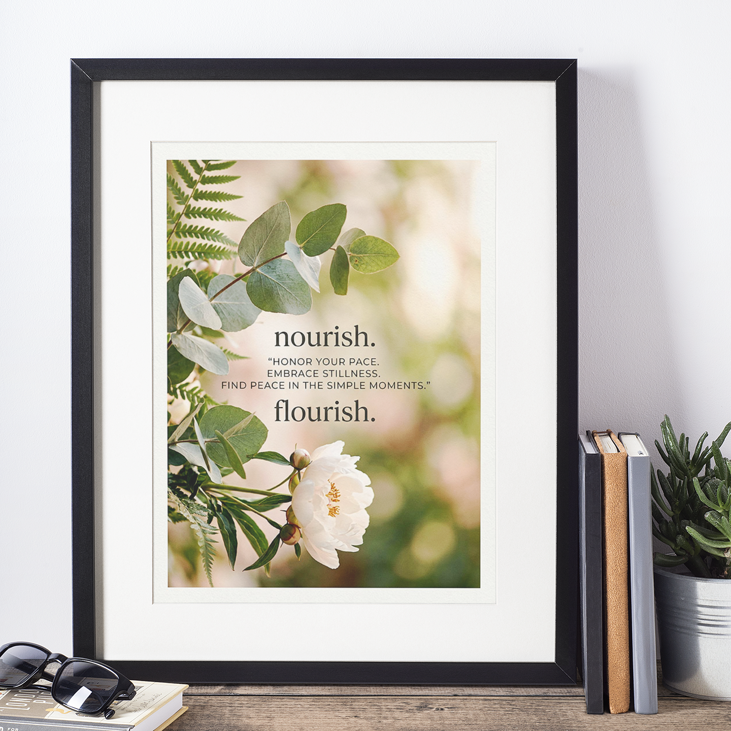 “Nourish & Flourish” Peony Wellness Art Print – Mindfulness & Self‑Care Wall Art