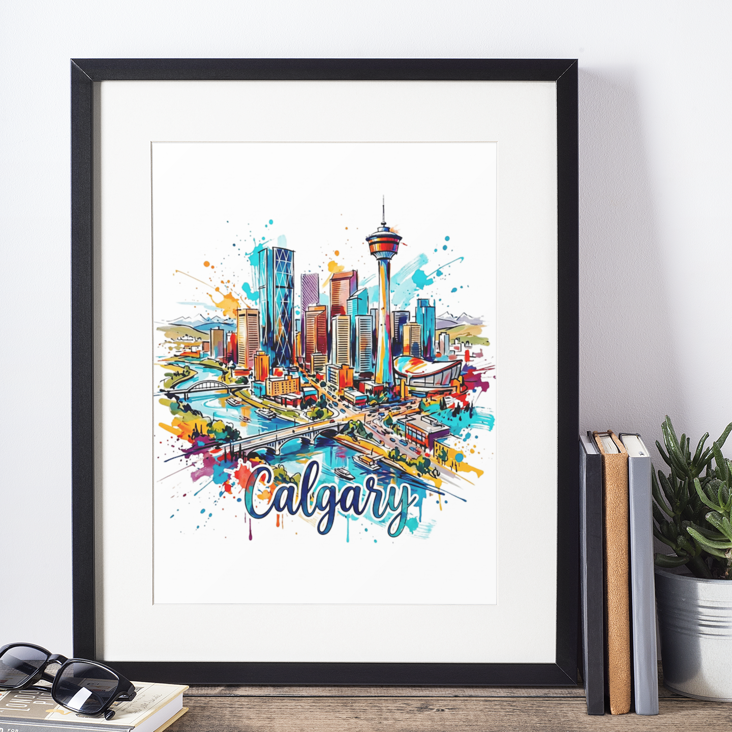 Black-framed cityscape art print with colorful skyline, river bridge, and Calgary tower