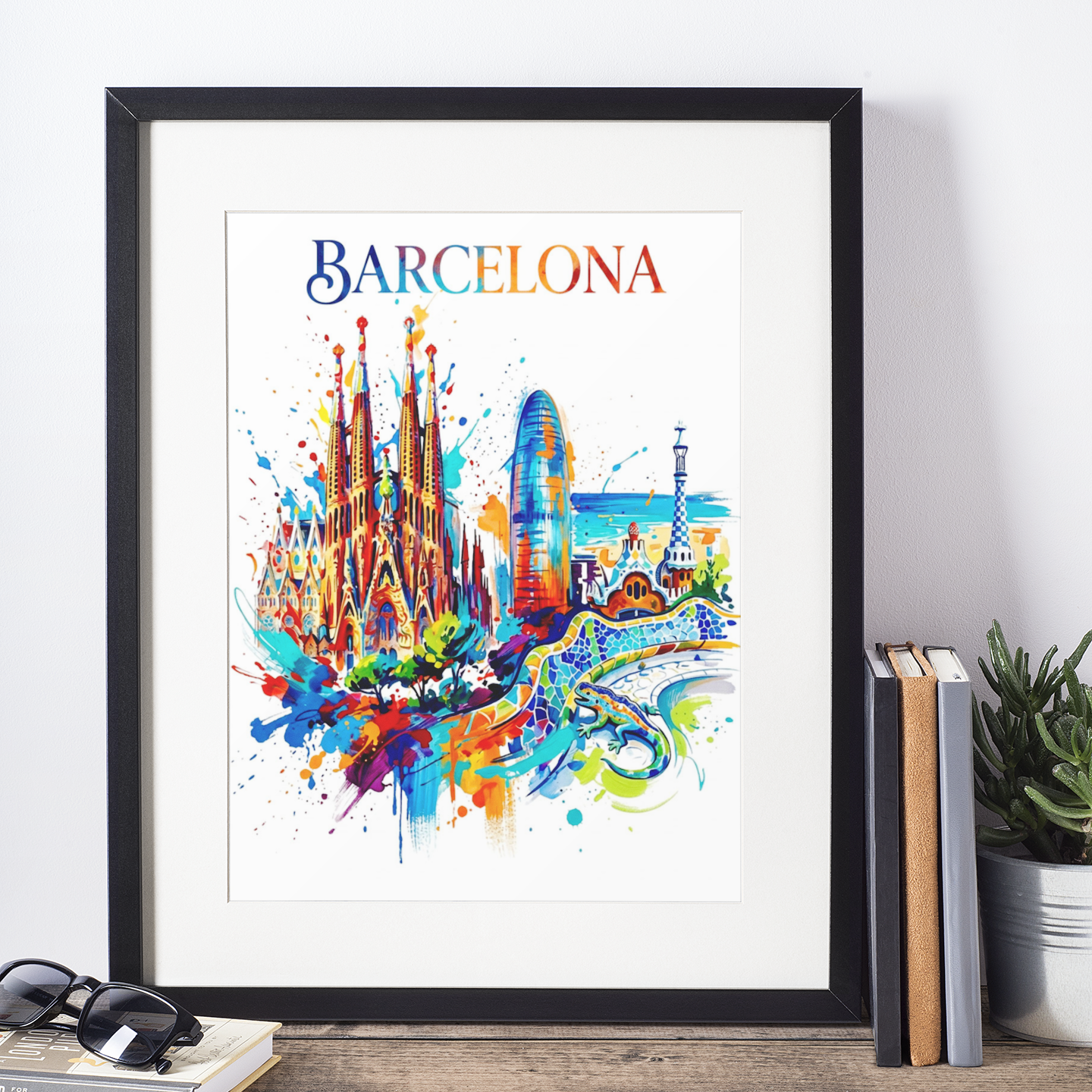 Black-framed Barcelona art print with stained-glass style cathedral towers and colorful water