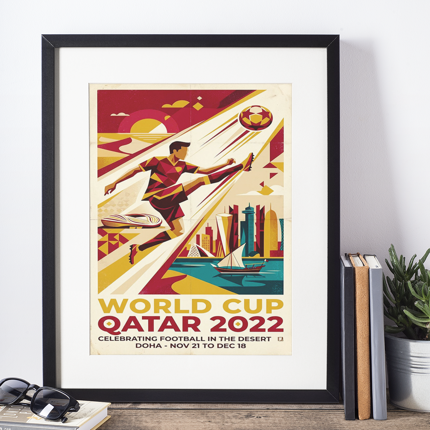 Qatar 2022 Retro Football Art Print – Doha Skyline & Abstract Player