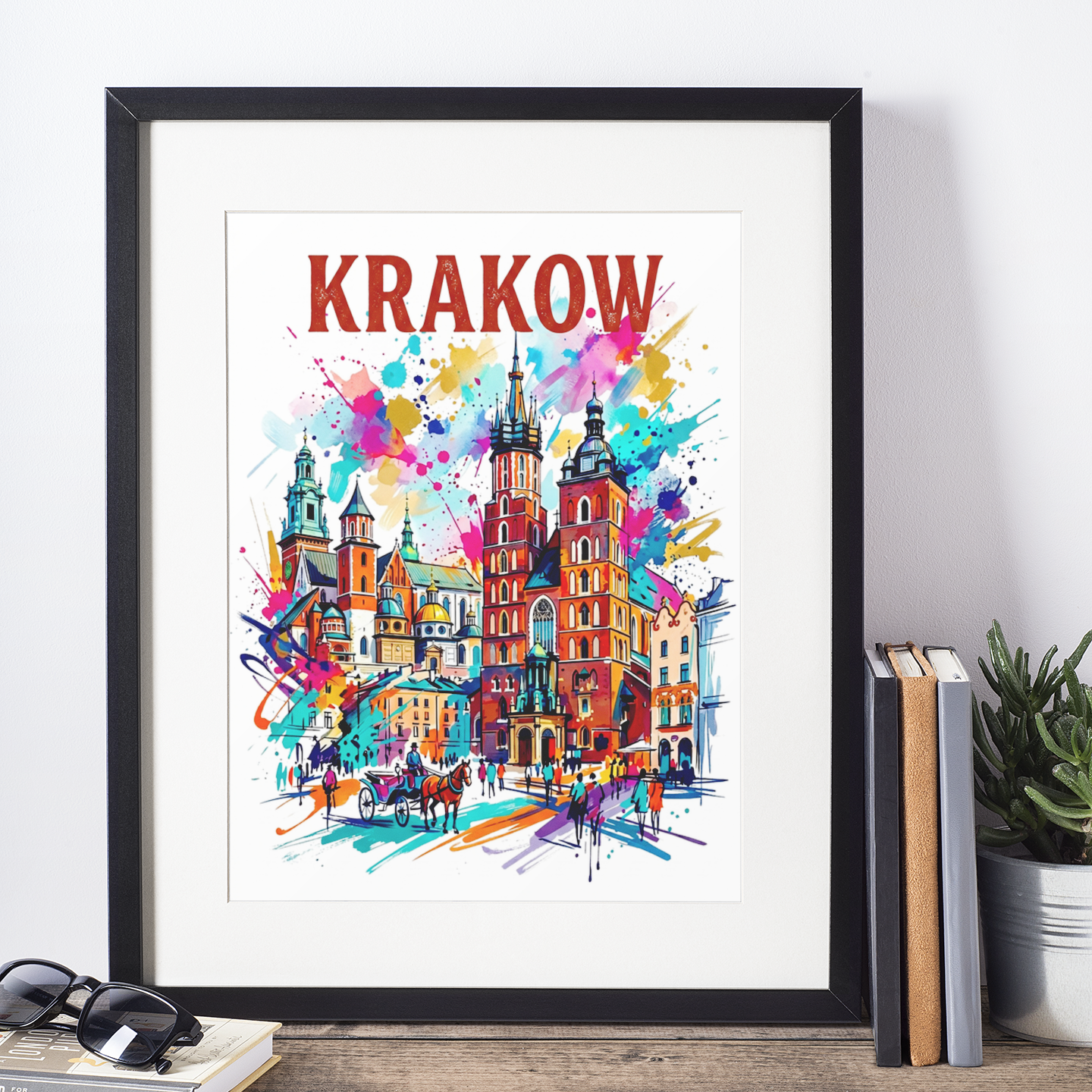 Black-framed Krakow cathedral illustration art print with colorful street and paint-splash design
