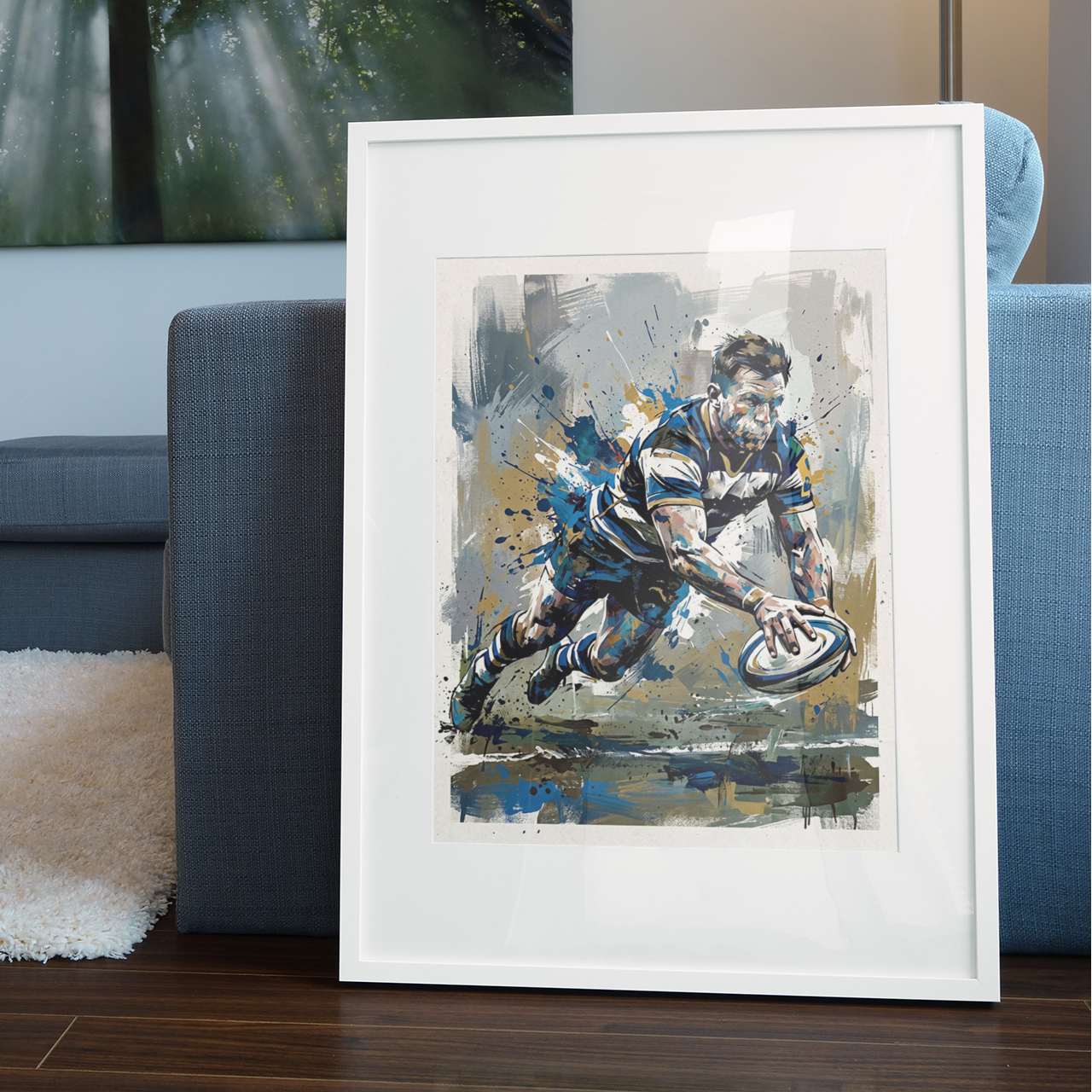 Bath Rugby Inspired Try‑Scoring Art Print – Dynamic Blue & White Expressive Sports Artwork
