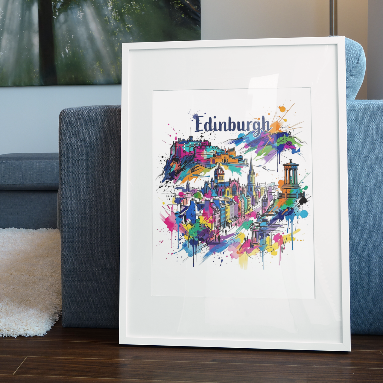 White-framed Edinburgh cityscape art print with colorful splatter streets and 'Edinburgh' label