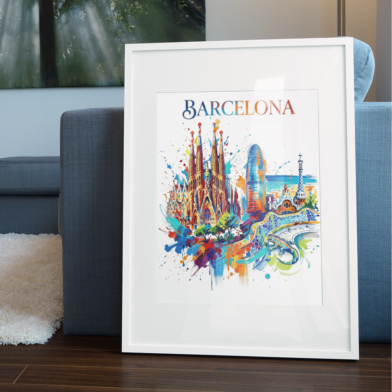 Framed Barcelona landmark art print featuring blue cathedral, colorful splashes, and sea