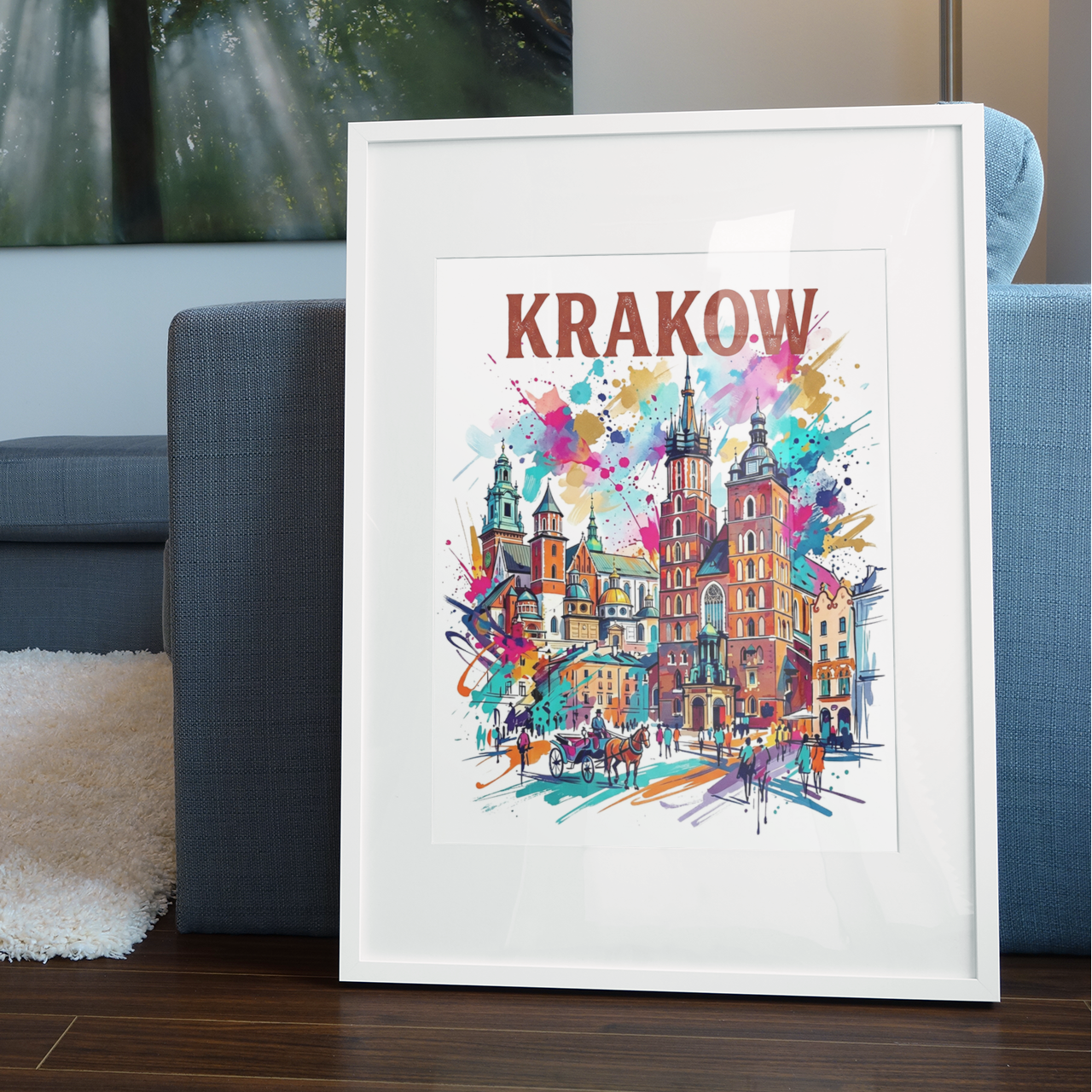 Framed Krakow cathedral cityscape art print with bright watercolor splatter and street scene