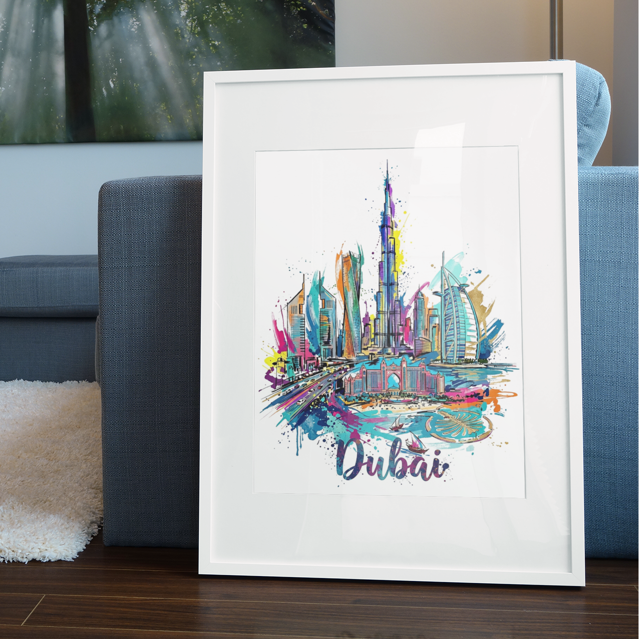 Framed Dubai skyline art print with colorful splash landmarks, white frame