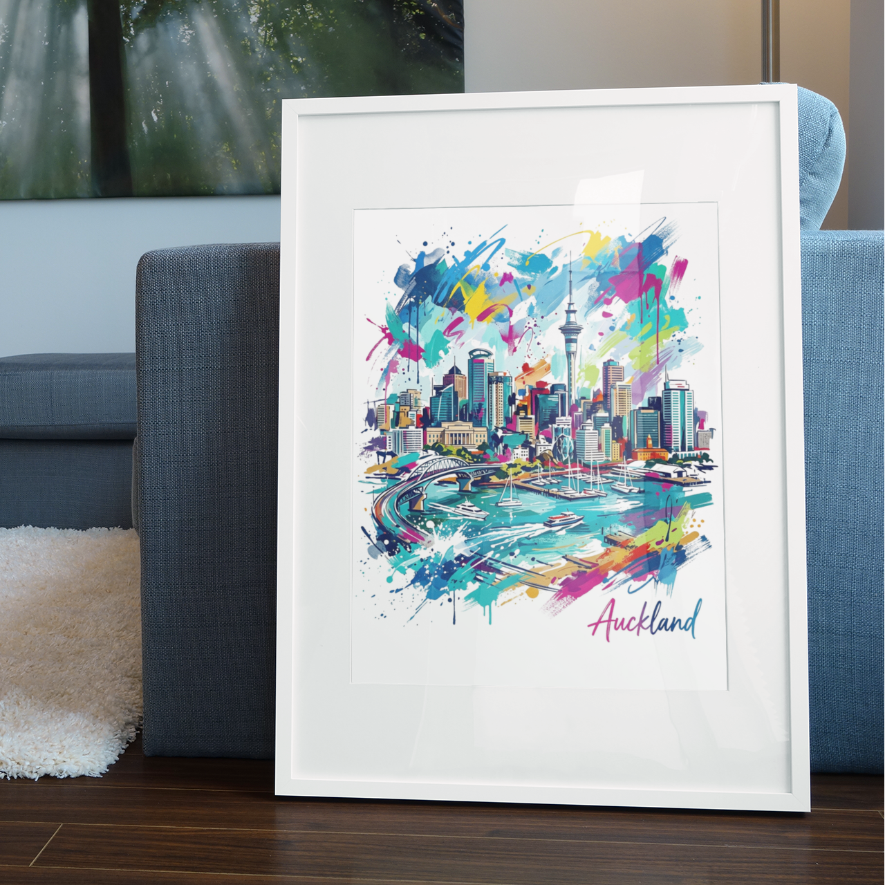 Framed Auckland cityscape art print with colorful splashes on white mat, harbor and skyline
