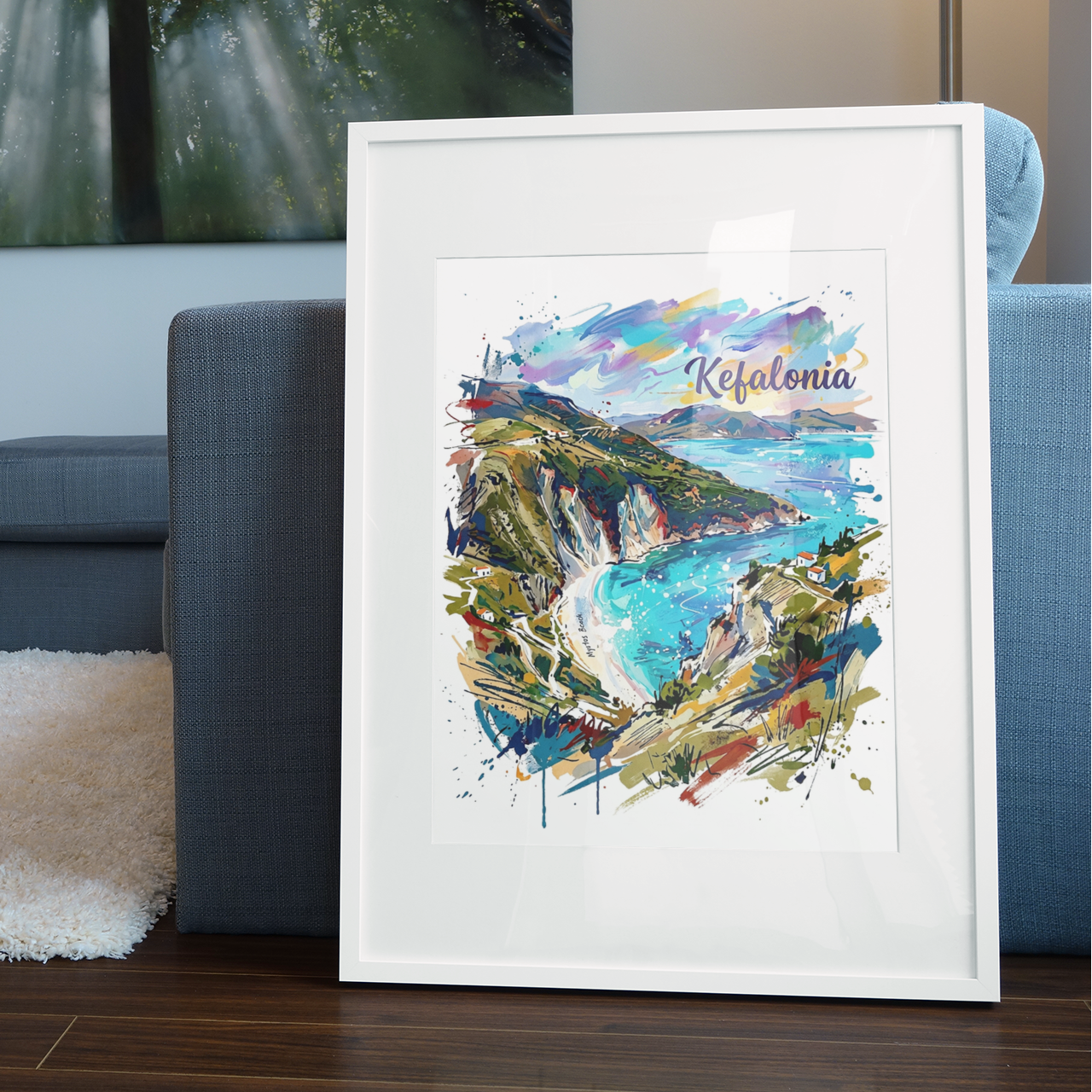 White-framed coastal art print with 'Kefalonia' script, cliffside cove in bright turquoise.