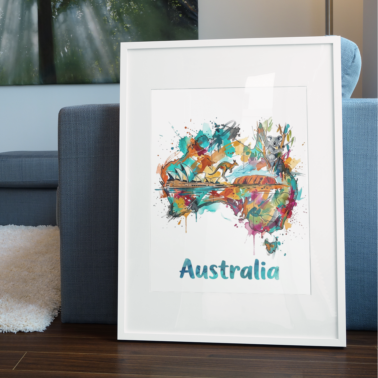 White-framed Australia art print with colorful map splashes, kangaroo and 'Australia' text