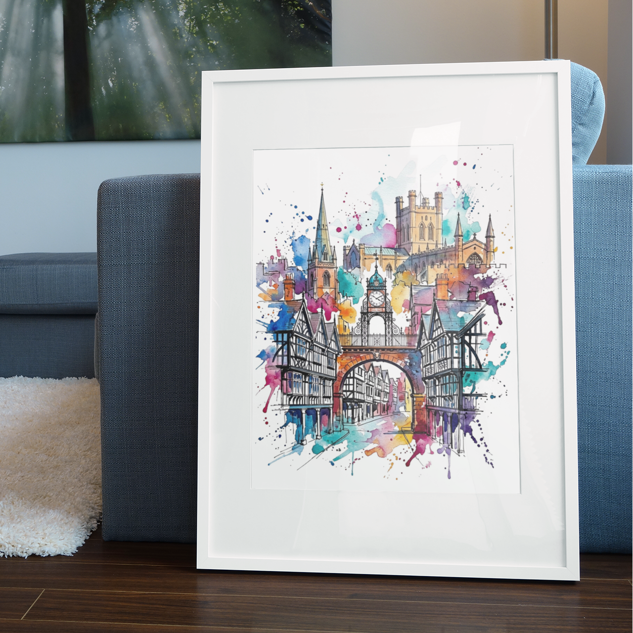 A framed watercolor art print of London landmarks, including Tower Bridge and Big Ben, leaning against a gray sofa in a modern living room setting.