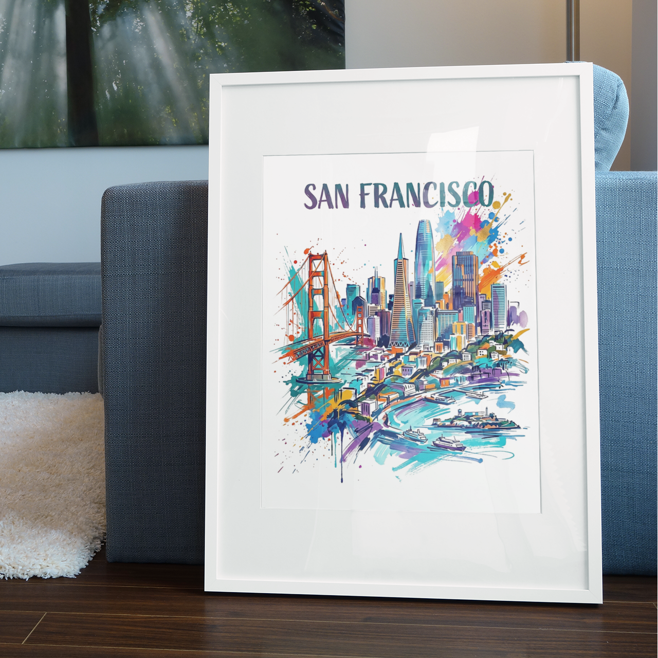 White-framed San Francisco skyline art print with Golden Gate bridge and multicolor accents