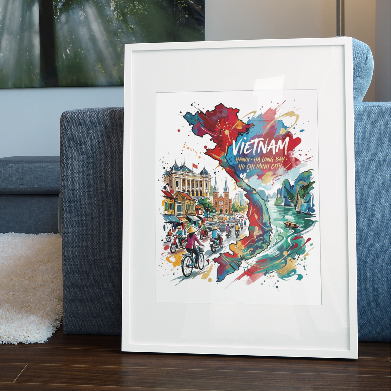 Framed Vietnam art print in white frame, showing map splash, buildings, and boats.