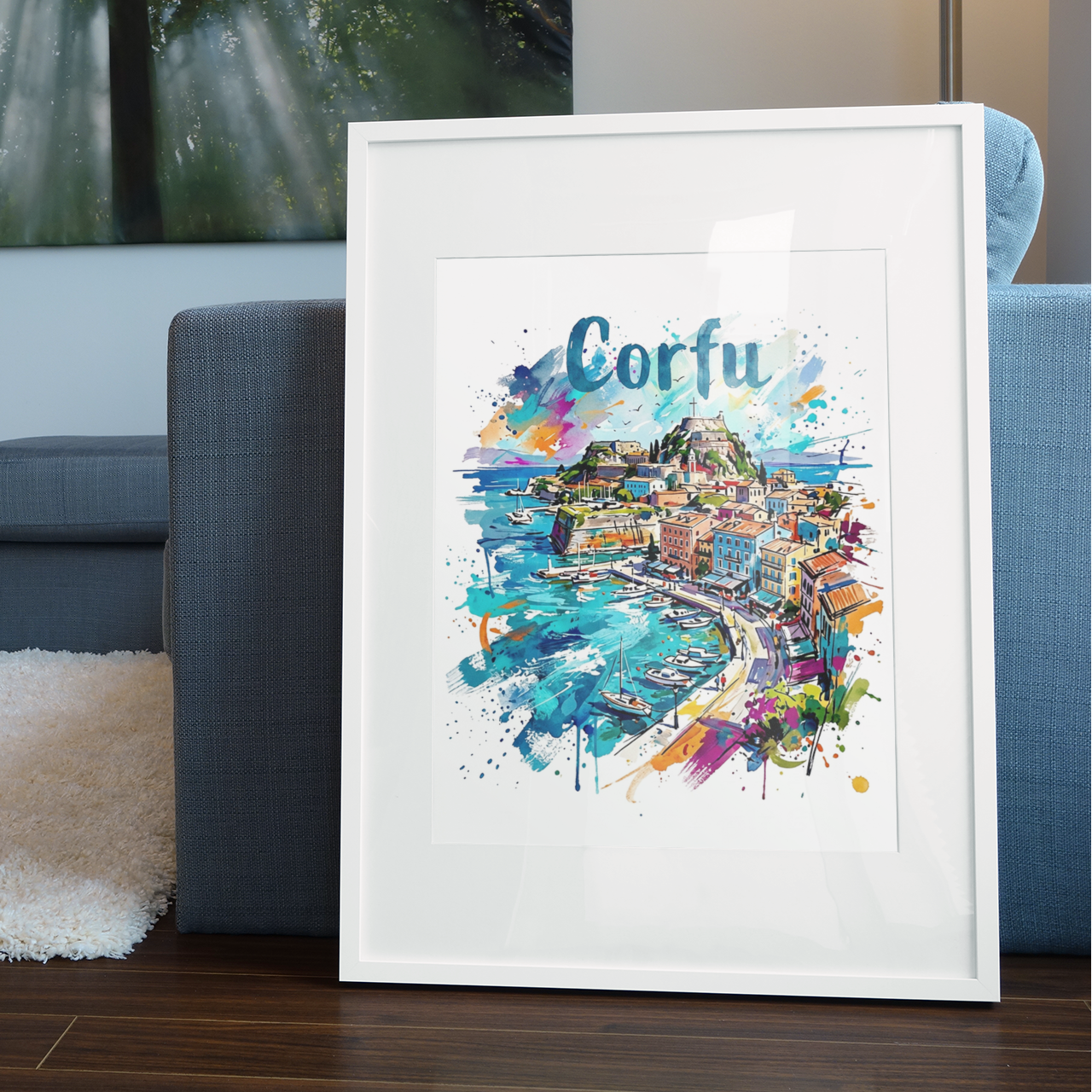 Framed Corfu coastal art print with harbor boats, town buildings, and colorful splashes