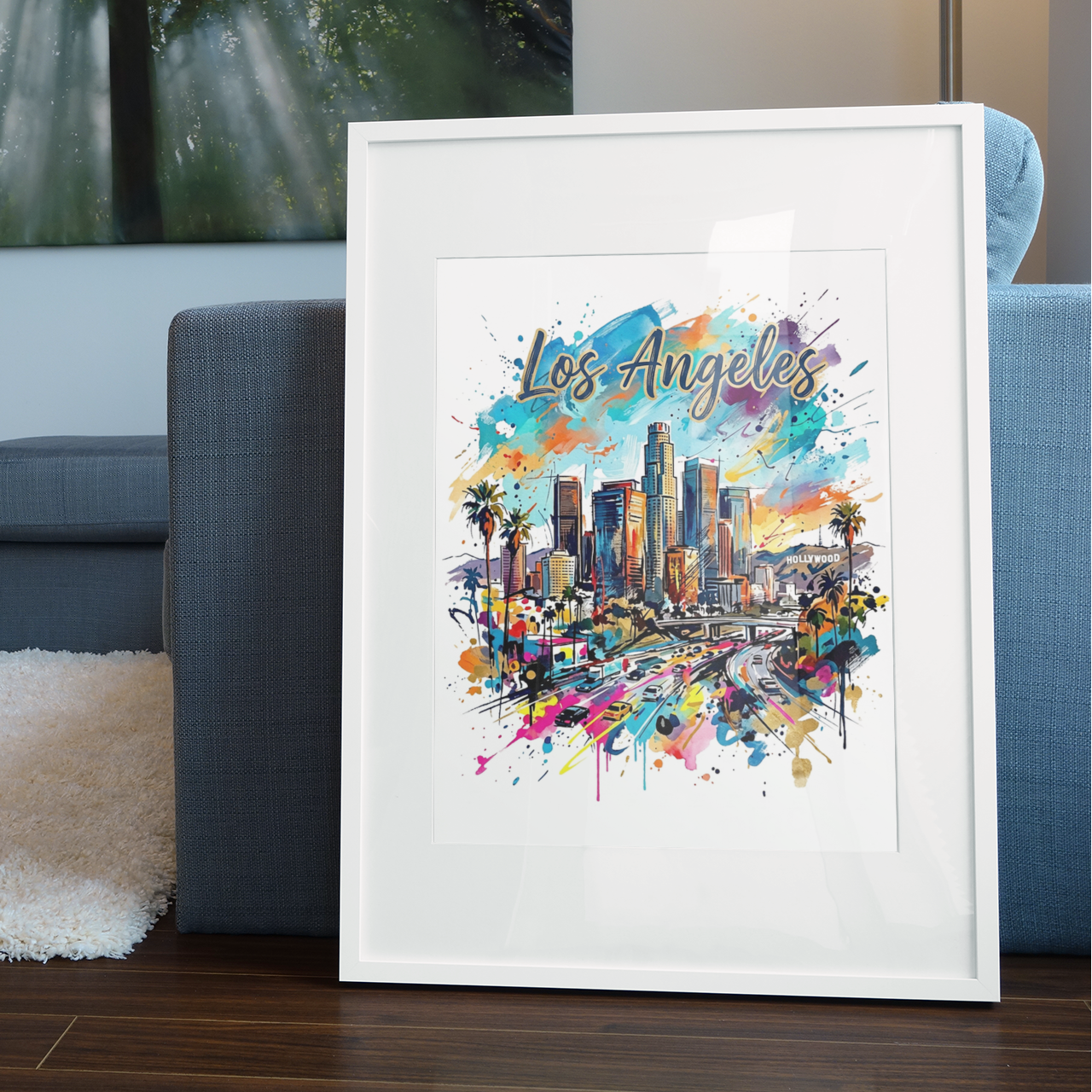 Framed Los Angeles skyline art print with palm trees and Hollywood sign, splatter colors