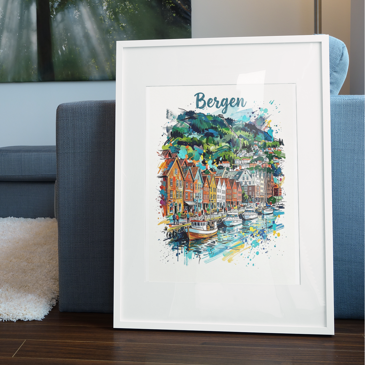 White-framed Bergen harbor art print displayed on a living room floor