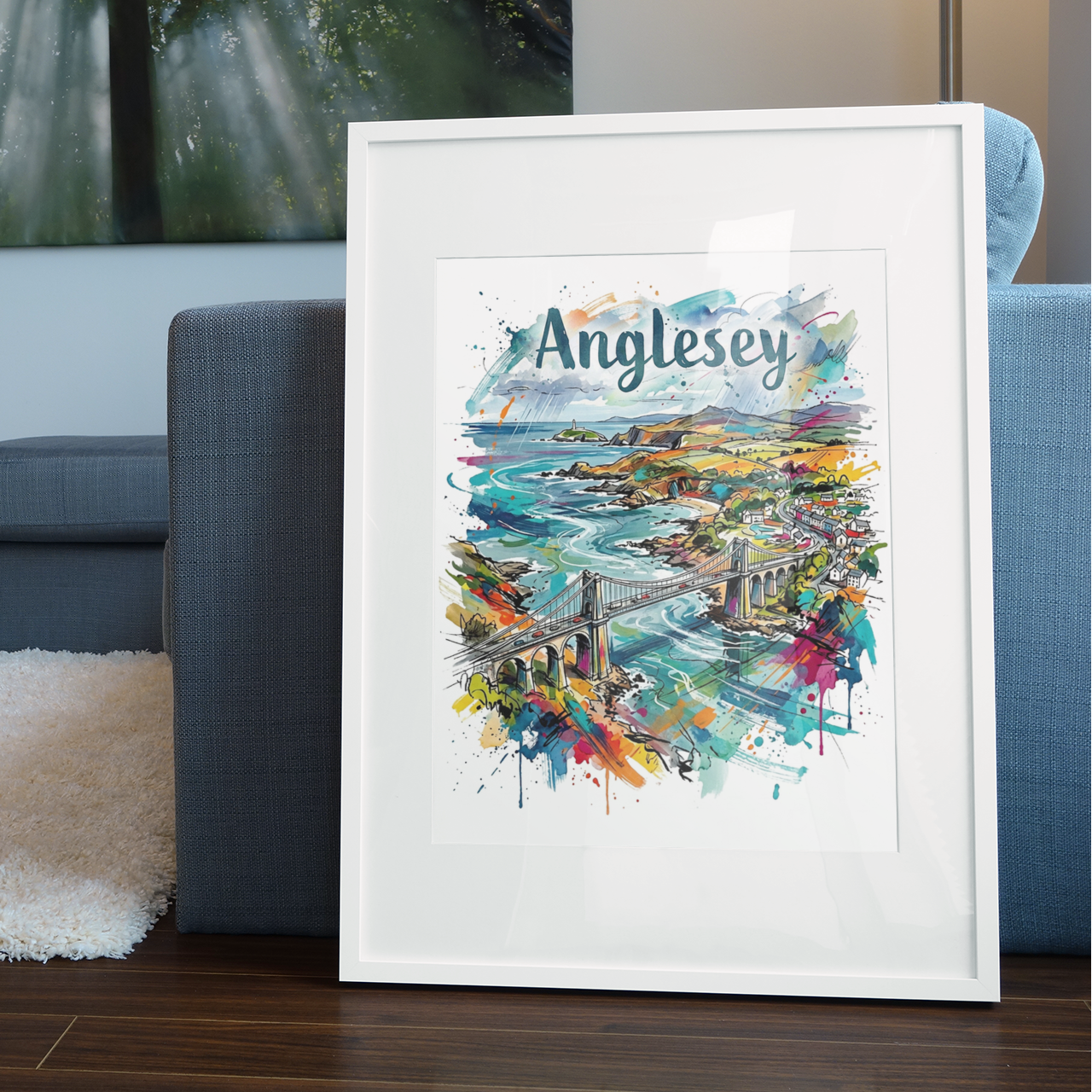 White-framed coastal landscape art print with colorful bridge, turquoise water, and splatter
