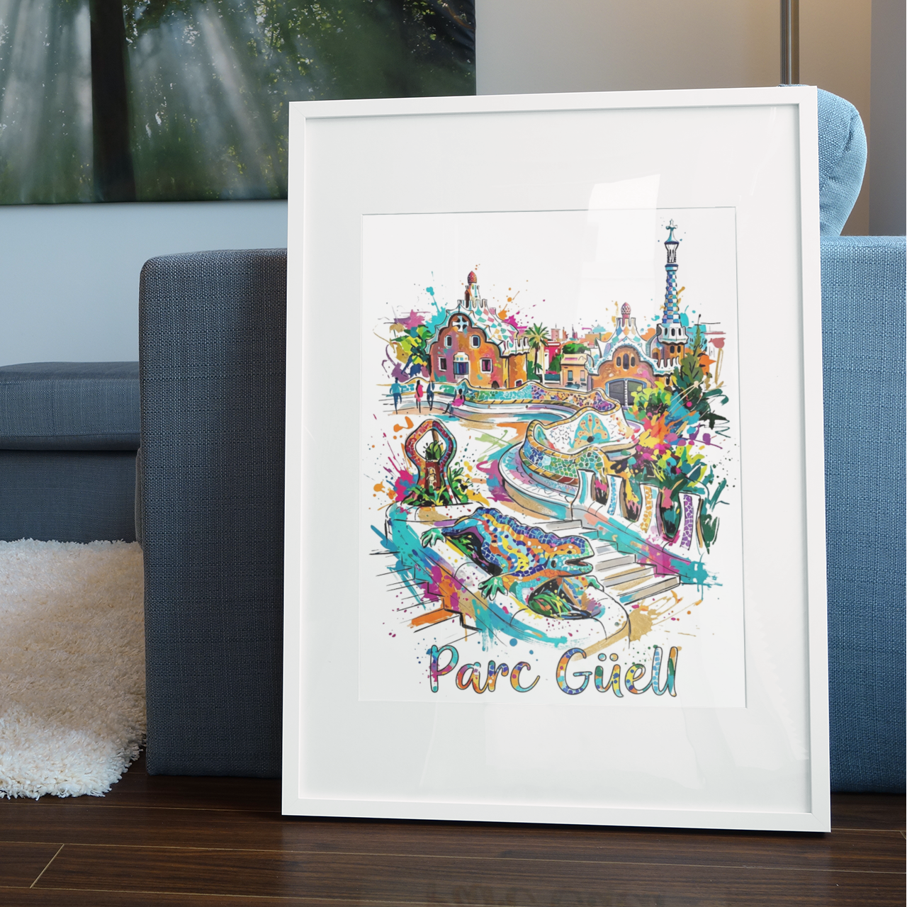 Framed Parc Güell art print with colorful Gaudí mosaic illustration