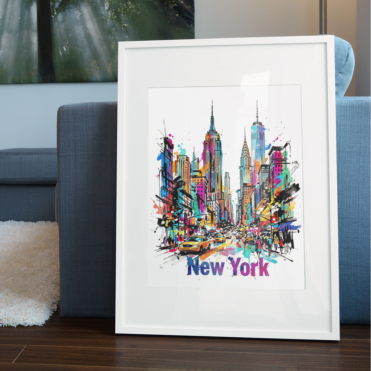 Framed abstract New York skyline art print in a white frame with taxis and splashes