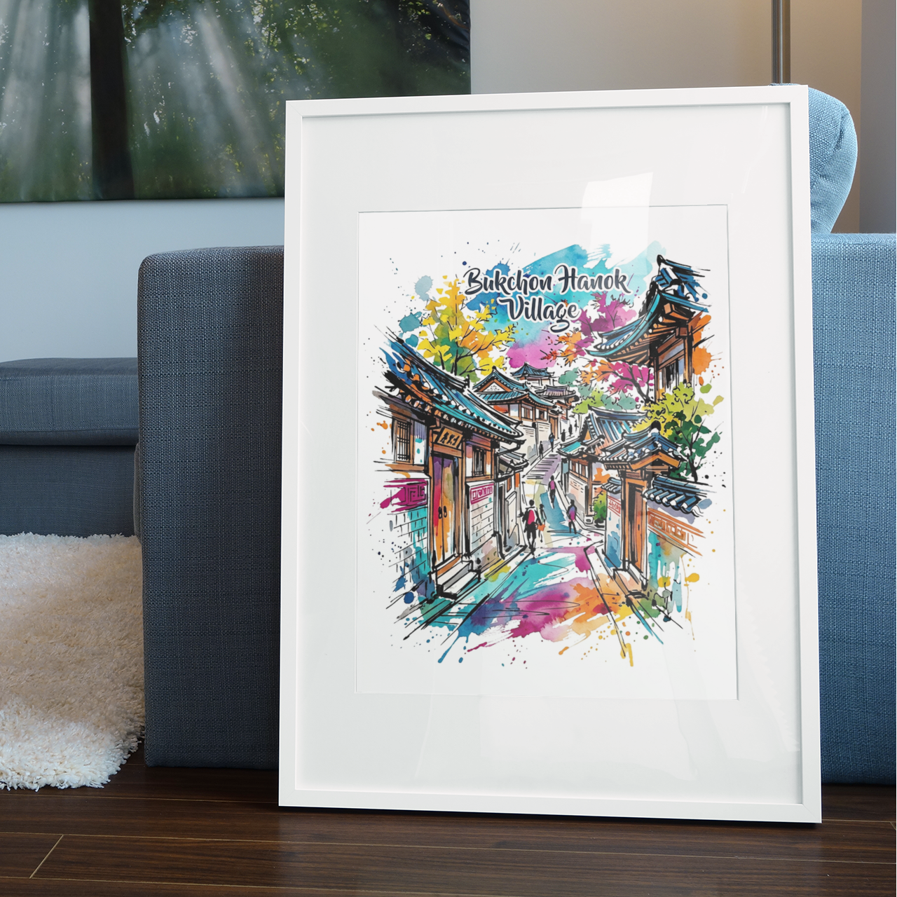 Bukchon Hanok Village Coloursplash Art Print — Modern Korean Travel Poster