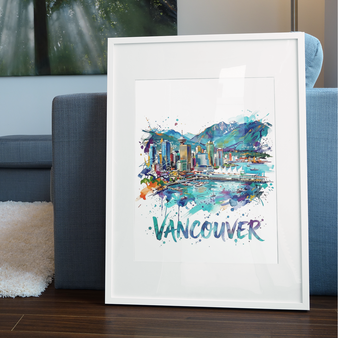 White-framed Vancouver art print with colorful skyline, mountains, and harbor paint splashes