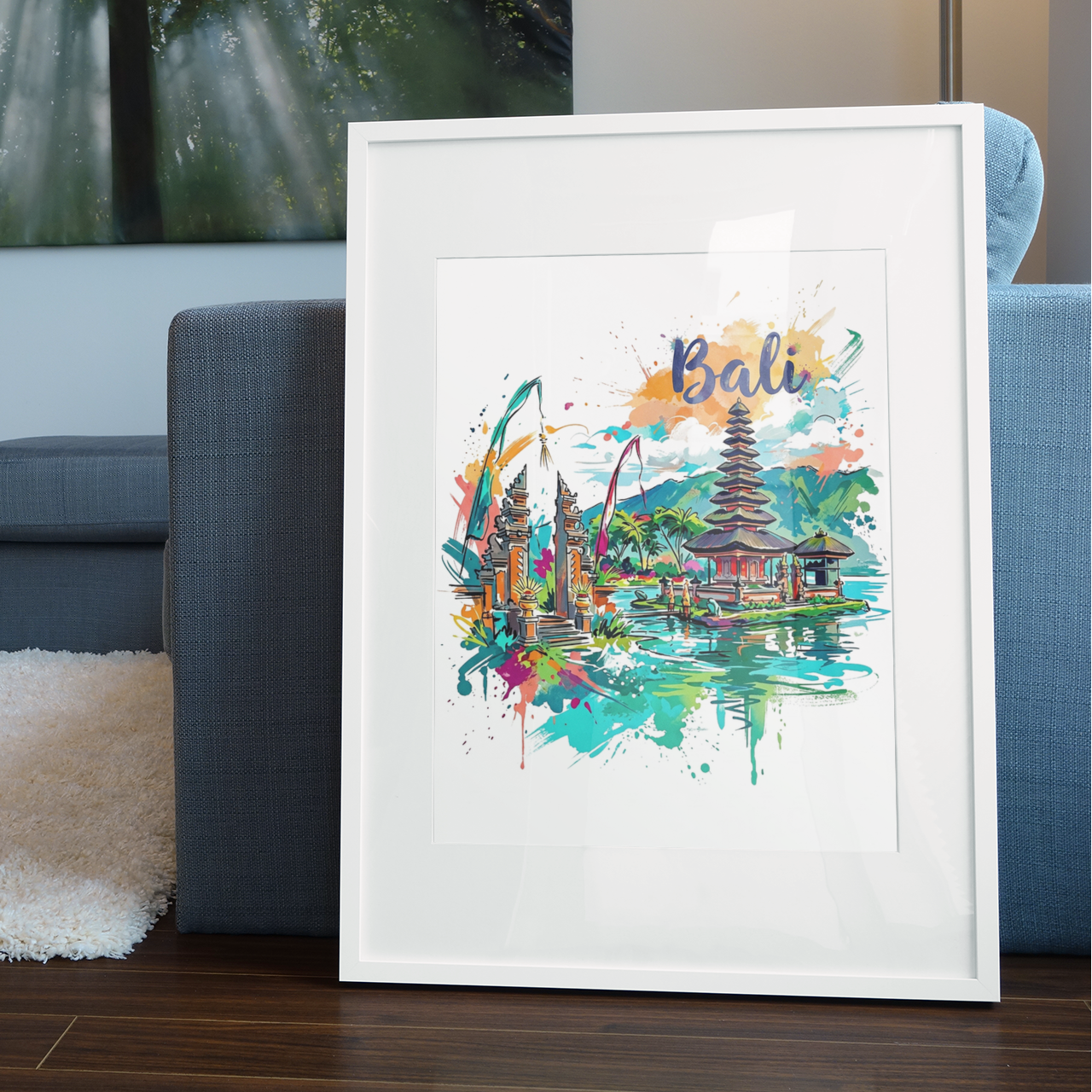 Framed Bali temple and landscape art print in white frame, watercolor splatter style