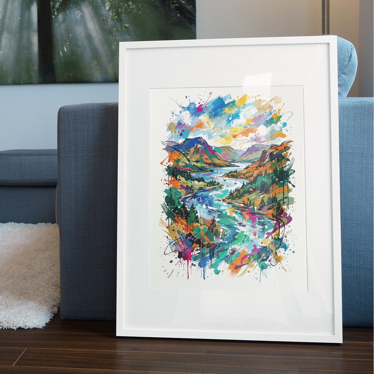 A framed abstract landscape art print with vibrant multicolor brushstrokes of blue, green, yellow, and orange, displayed leaning against a gray sofa in a modern living room setting.